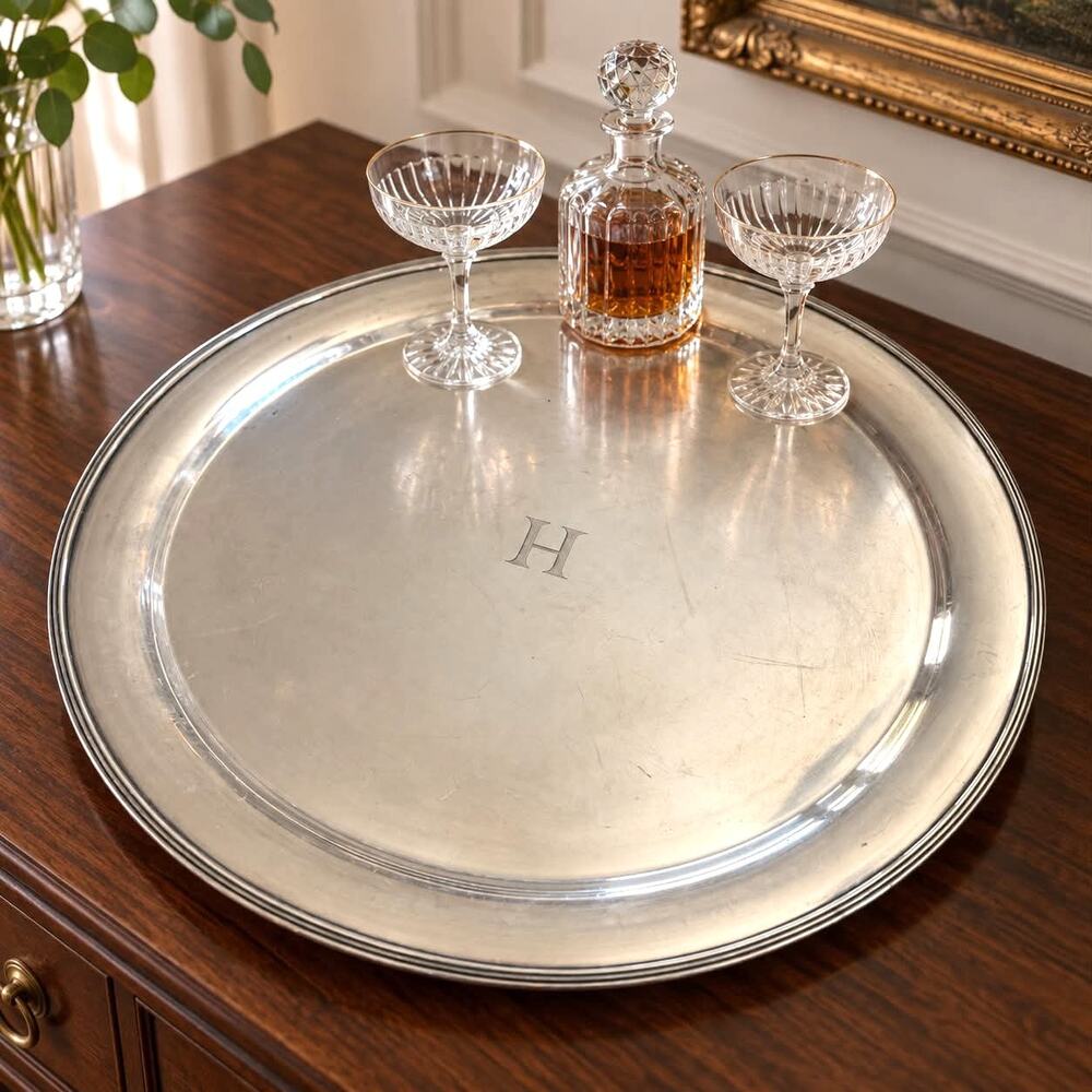 Antique Gorham GMCo EP Silverplate 18" Round Cocktail Serving Tray Monogram H